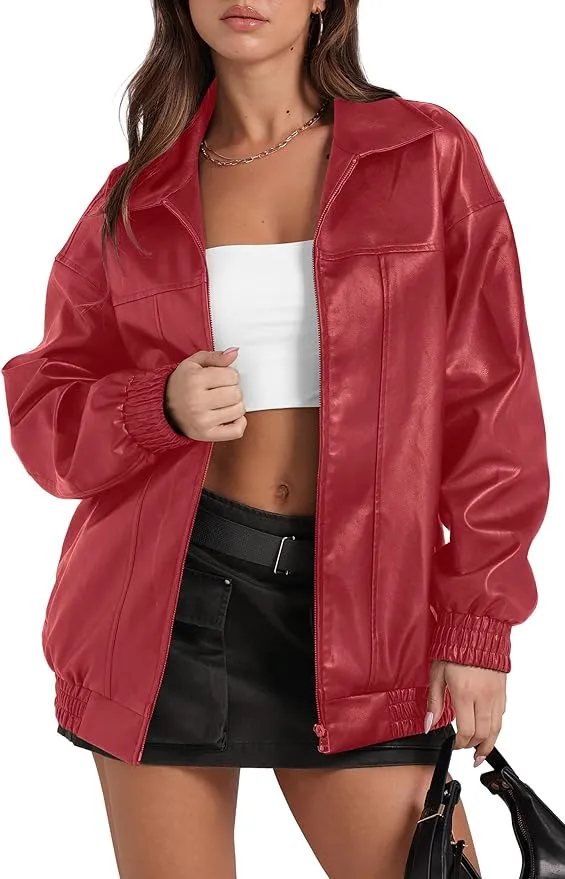 Sampeel Leather Jacket Women Faux Oversized Motorcycle Bomber 